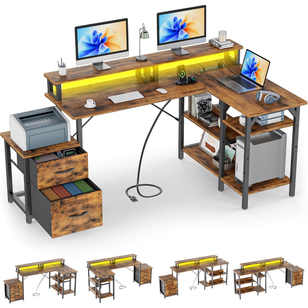 Desk Setup Corner - Office Desk with File Drawers&Power Outlet,Reversible